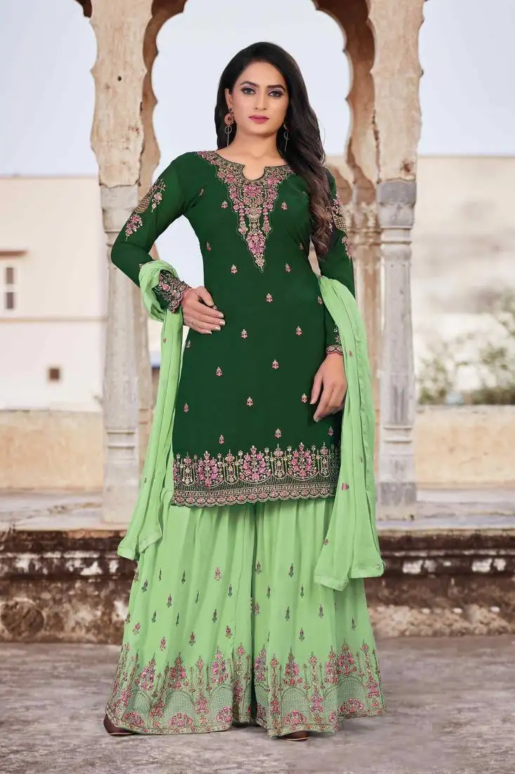Green faux georgette embroidery women's semi stitched sharara suit
