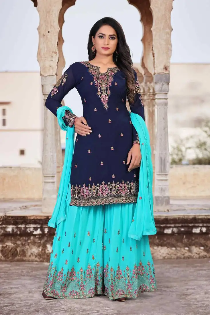 Blue faux georgette embroidery women's semi stitched sharara suit