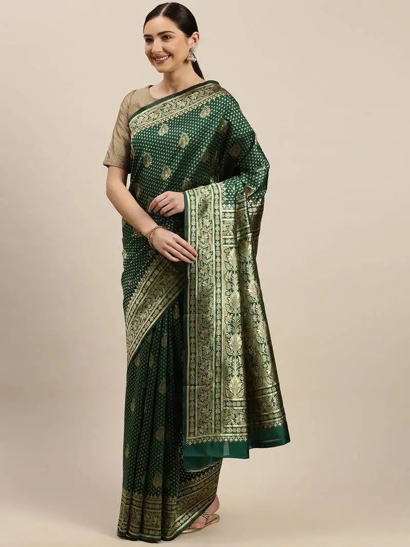 Women's dark green silk woven design saree with unstitched blouse