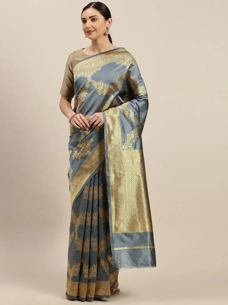 Women's grey silk woven design saree with unstitched blouse