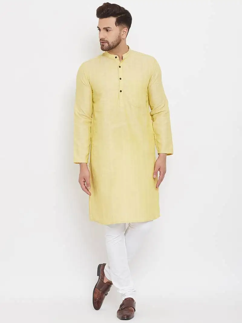 Yellow plain linen men-kurtas