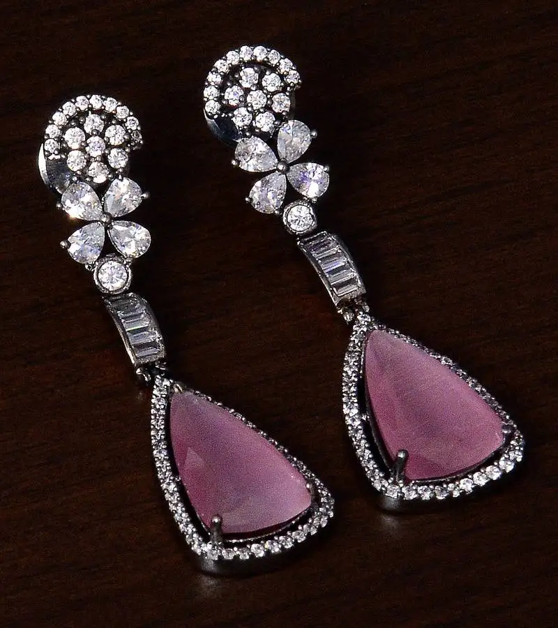 Black gold plated baby pink stone and american diamond embellished designer danglers 216ed236