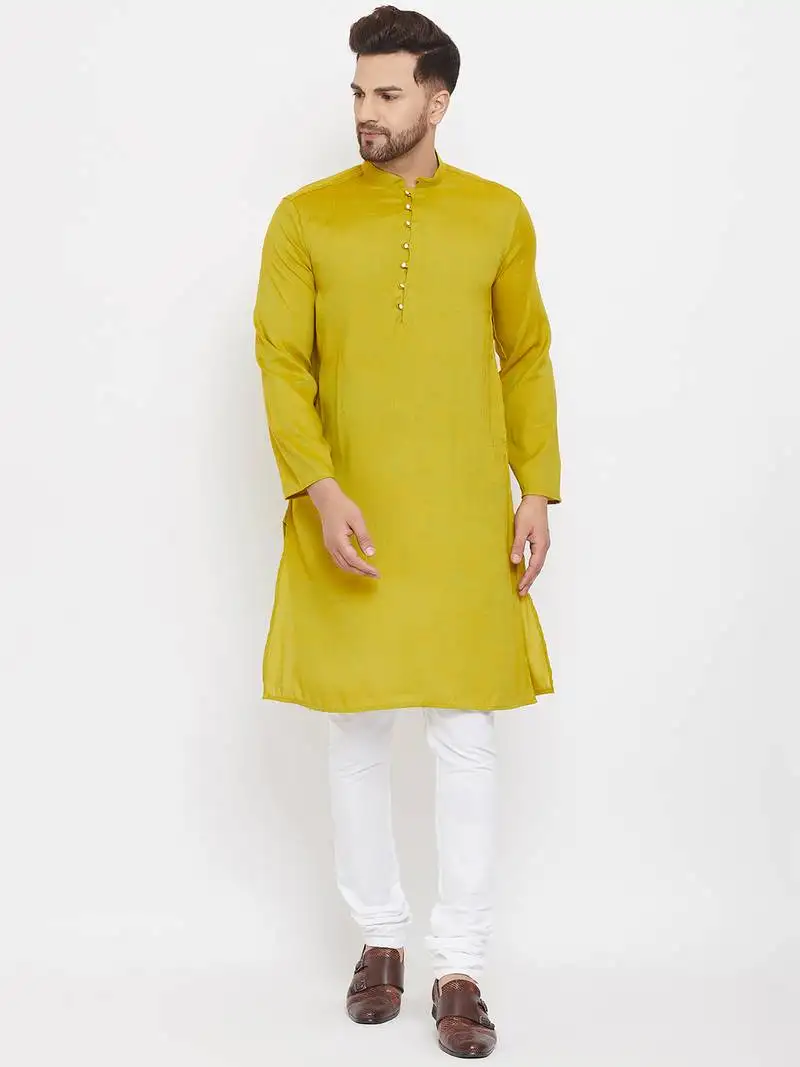 Yellow woven viscose rayon men-kurtas