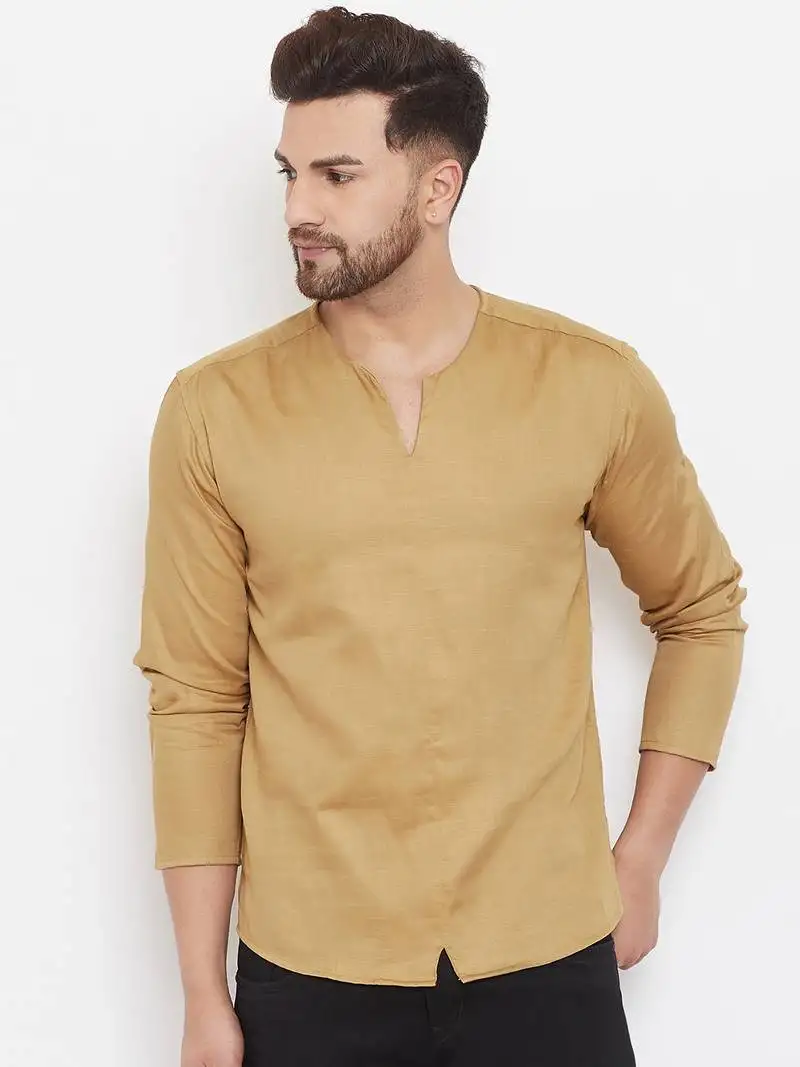 Beige plain cotton men-kurtas