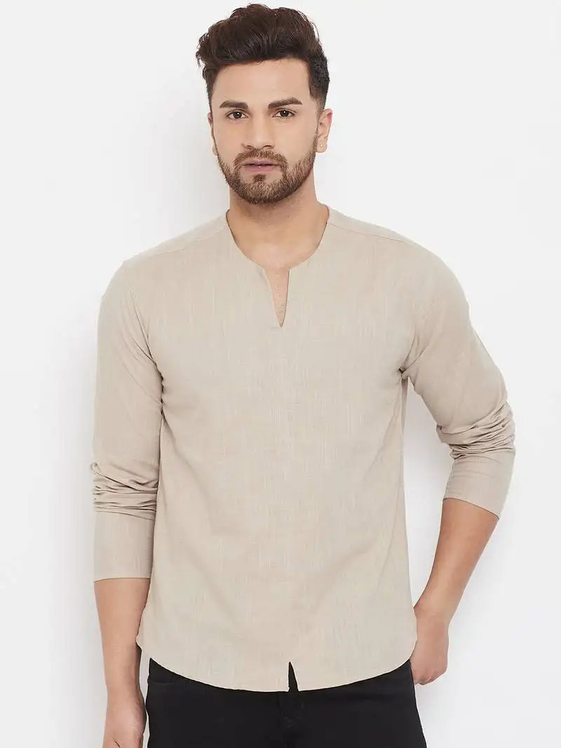BeigeX000d plain cotton men-kurtas