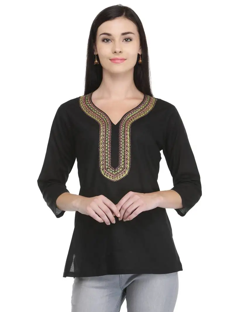 Black embroidered cotton cotton-kurtis