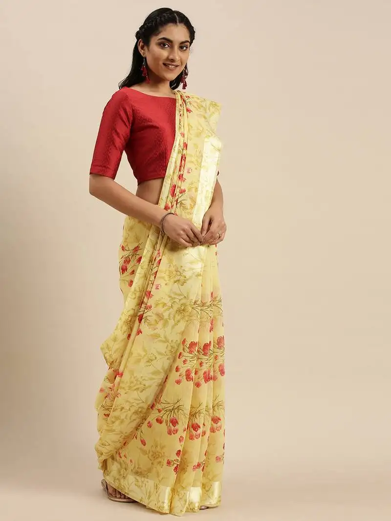 Light mustard printed linen saree with blouse