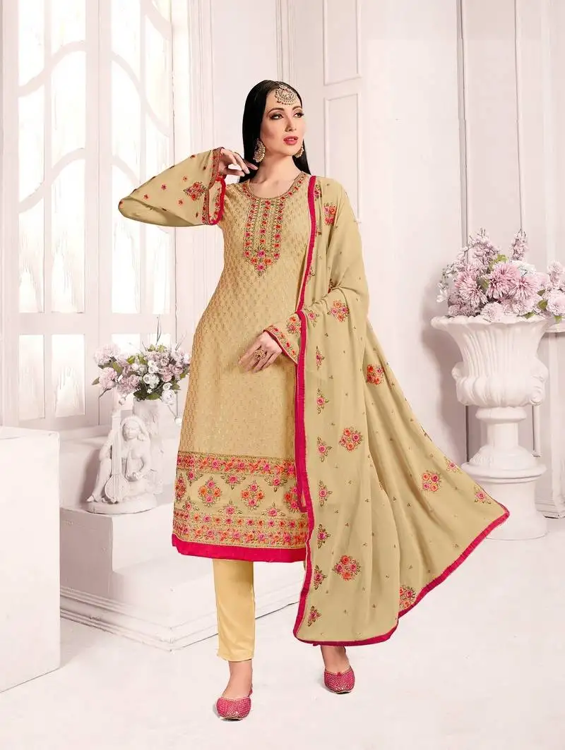 Beige embroidered georgette salwar semi stitched