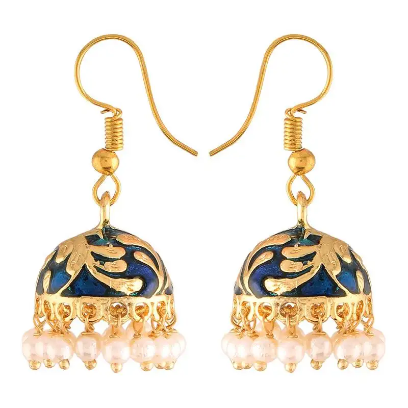 Traditional handcrafted blue meena work jhumka earring glided with pearls