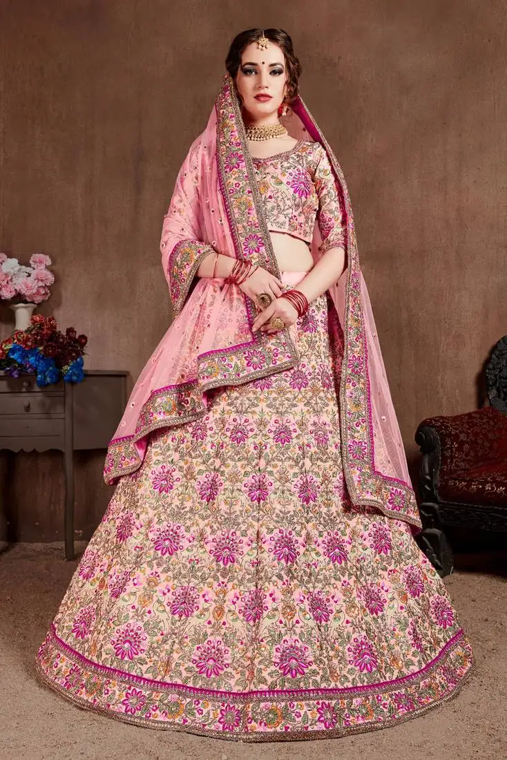 Adorable pastel colored fine embroidered designer semi stitched lehenga choli for women (anushka wedding lehenga)