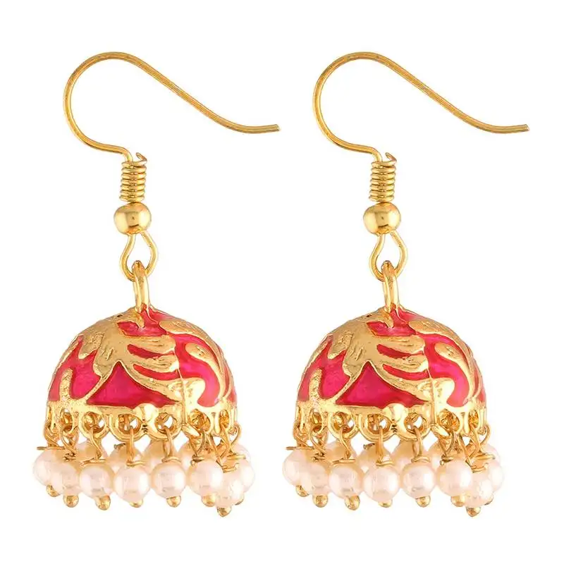 Traditional handcrafted red meena work jhumka earring glided with pearls