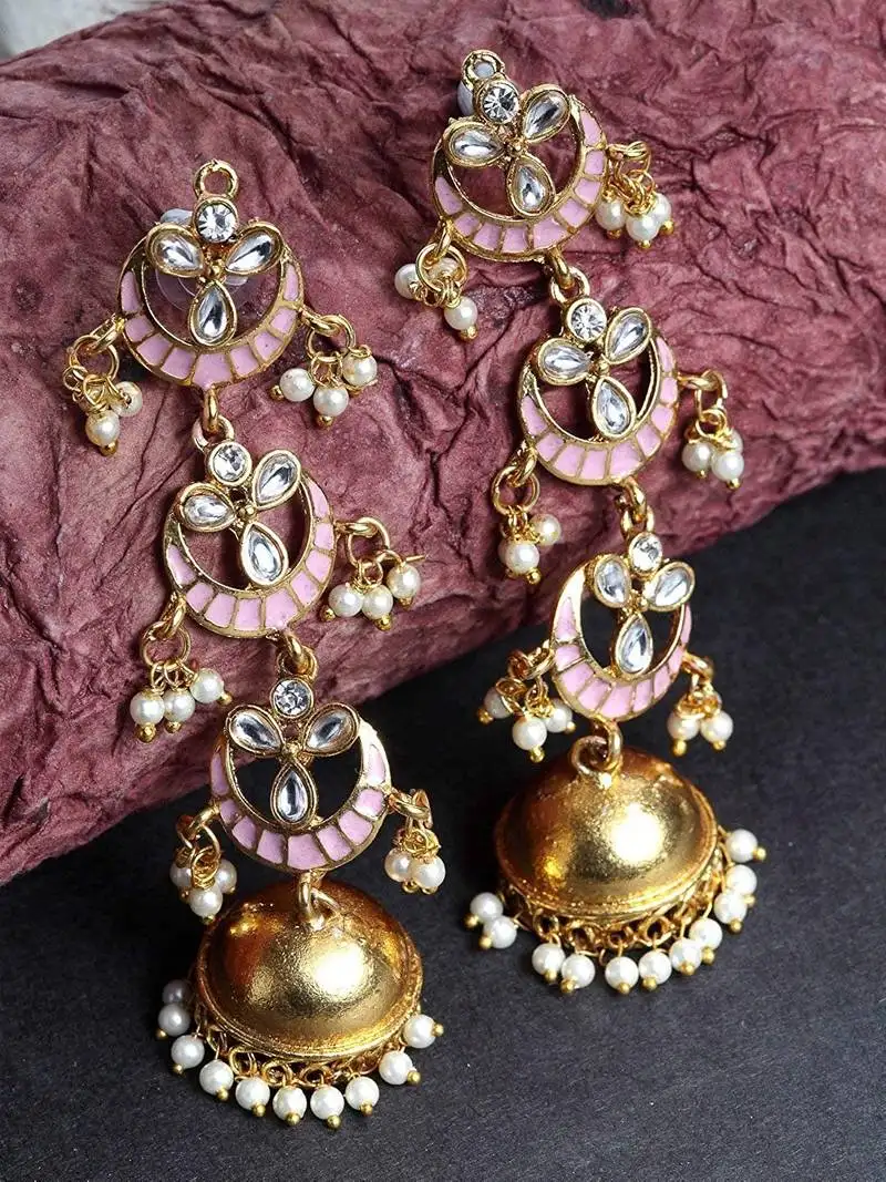 3 layered long jhumki earrings with pink enamel glided with kundans & pearls