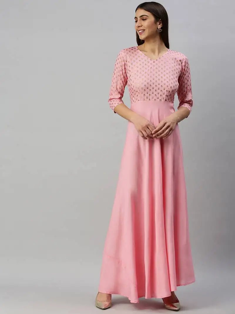 Rose printed viscose rayon long-dresses