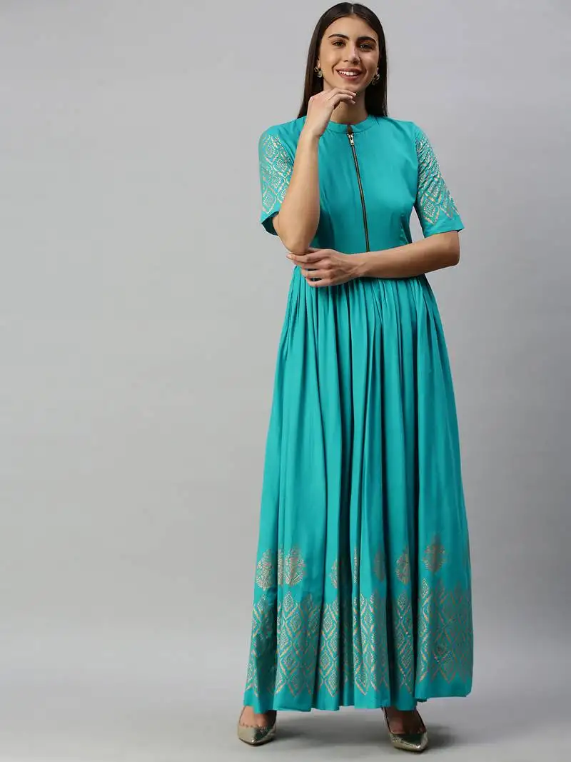 Turquoise printed viscose rayon long-dresses