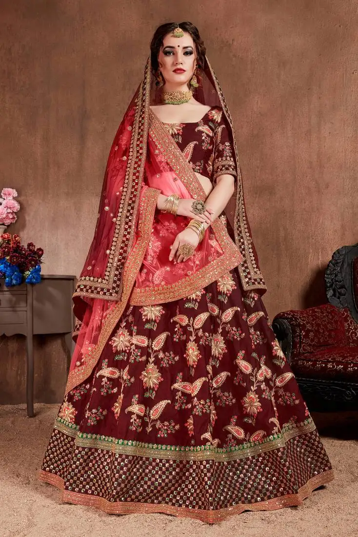 Attractive maroon colored fine embroidered designer semi stitched lehenga choli for women