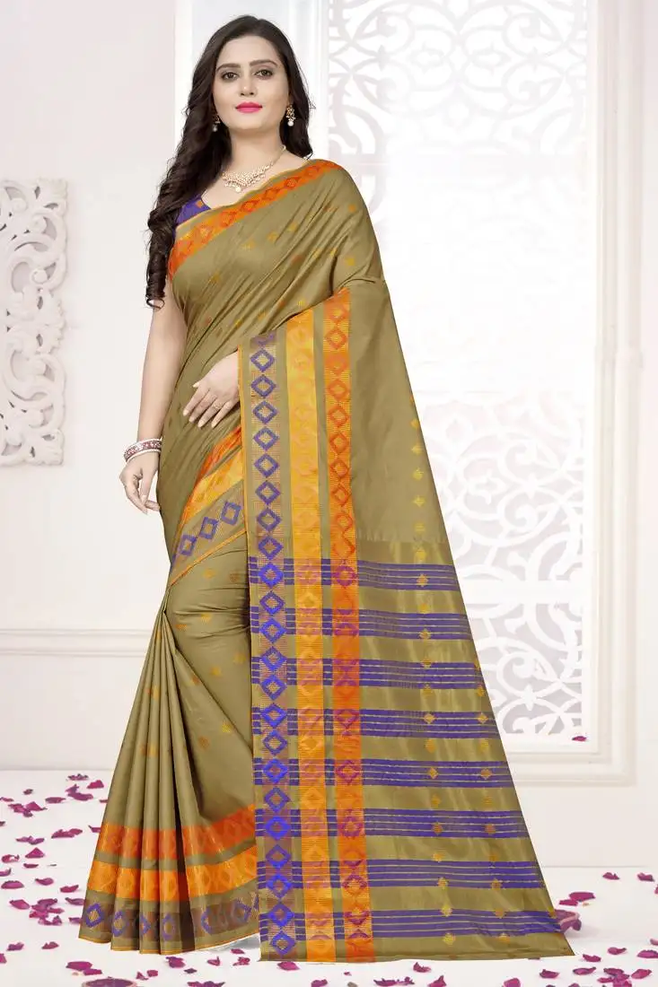 Beige printed cotton silk saree with blouse