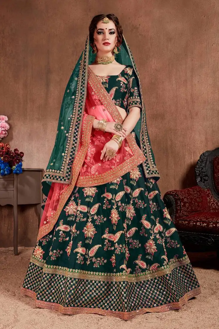 Attractive dark green colored fine embroidered designer semi stitched lehenga choli for women