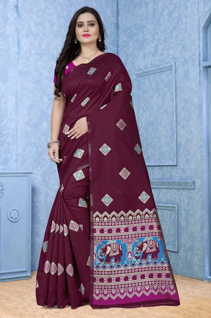 Maroon printed jacquard saree with blouse