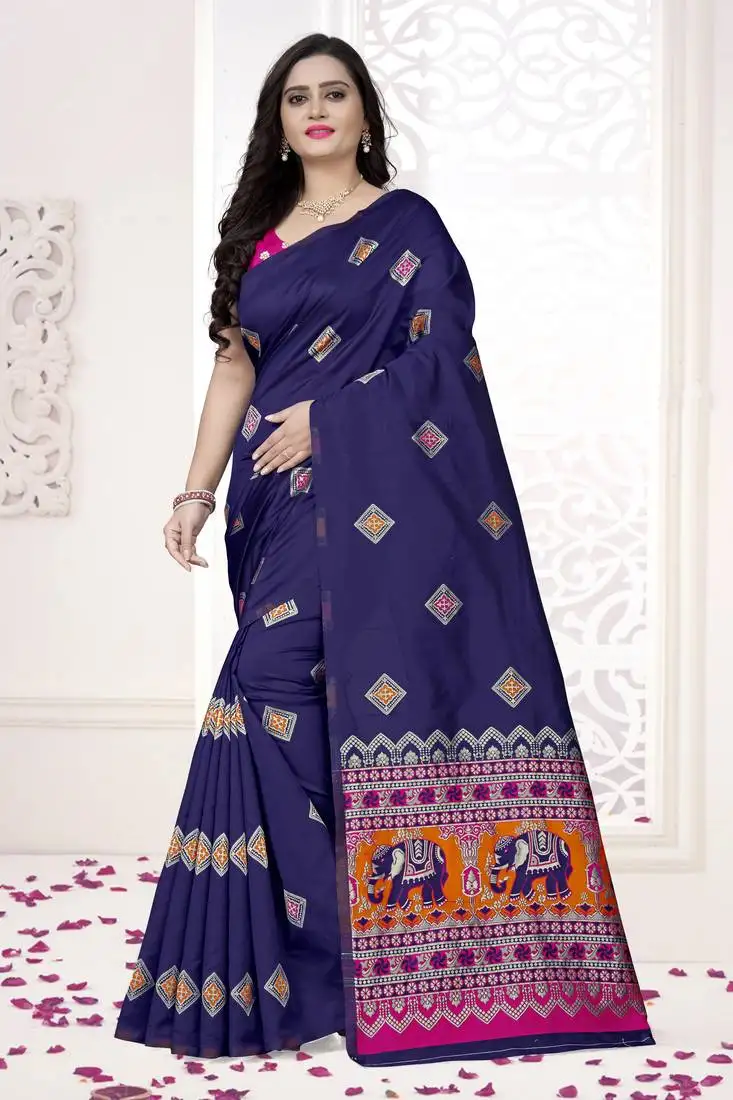 Blue printed jacquard saree with blouse