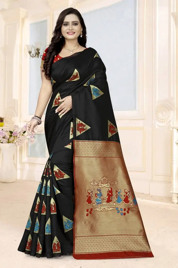 Black printed art silk saree saree with blouse