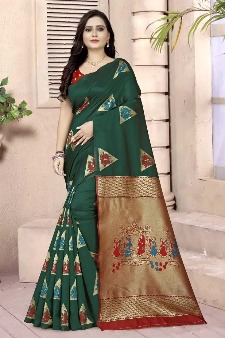 Green printed silk blend saree saree with blouse