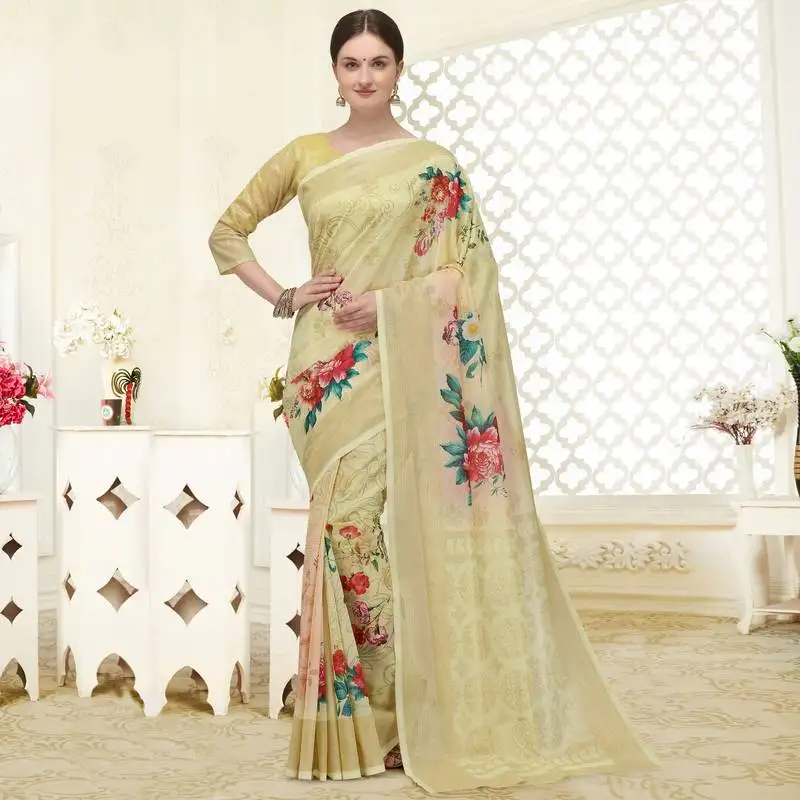 Cream printed art silk saree saree with blouse