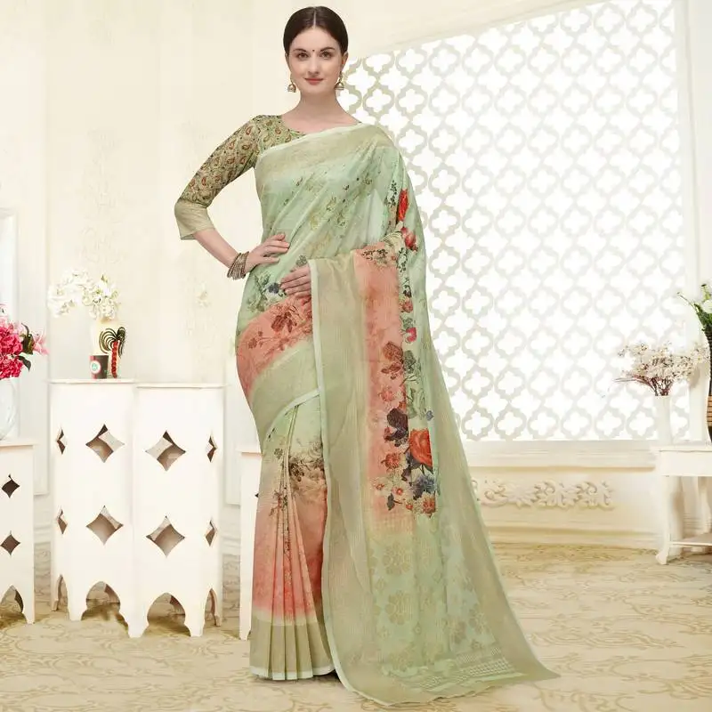 Beige printed banarasi silk saree with blouse