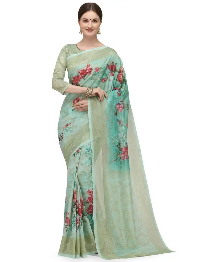 Green printed art silk saree saree with blouse