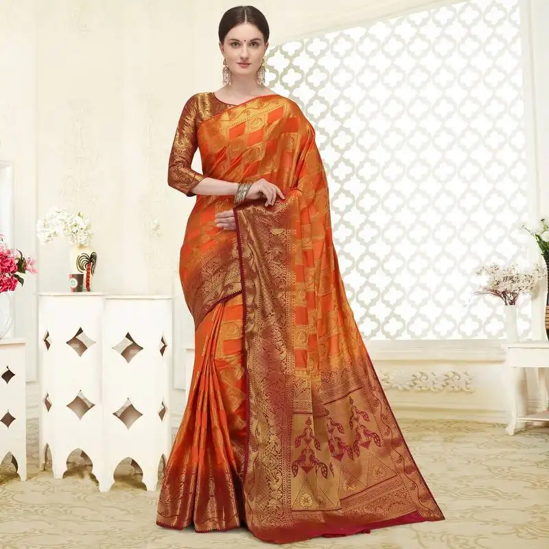 Orange printed art silk saree saree with blouse
