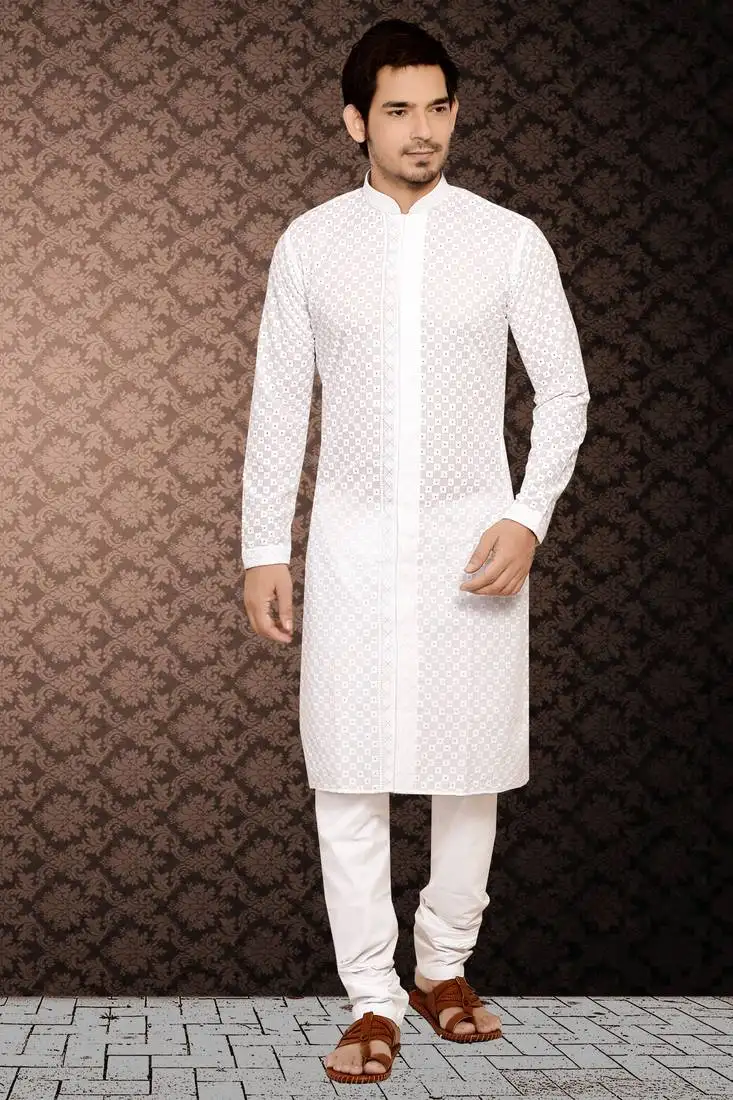 White embroidered cotton kurta-pajama