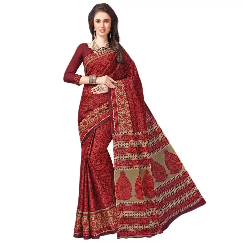 9blings red printed cotton saree with blouse