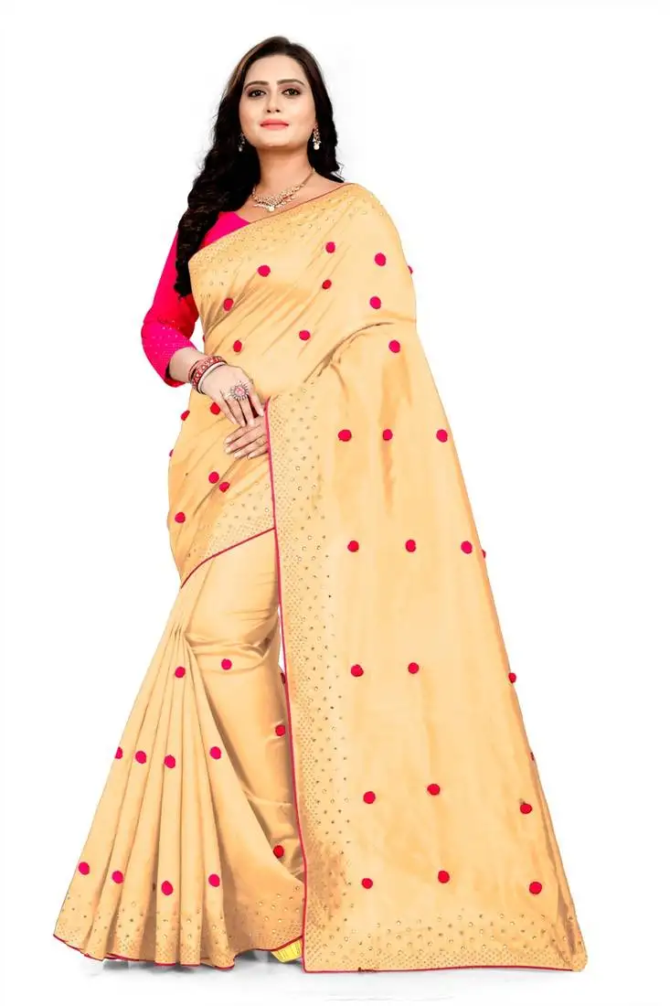 Beige embroidered silk blend saree with blouse