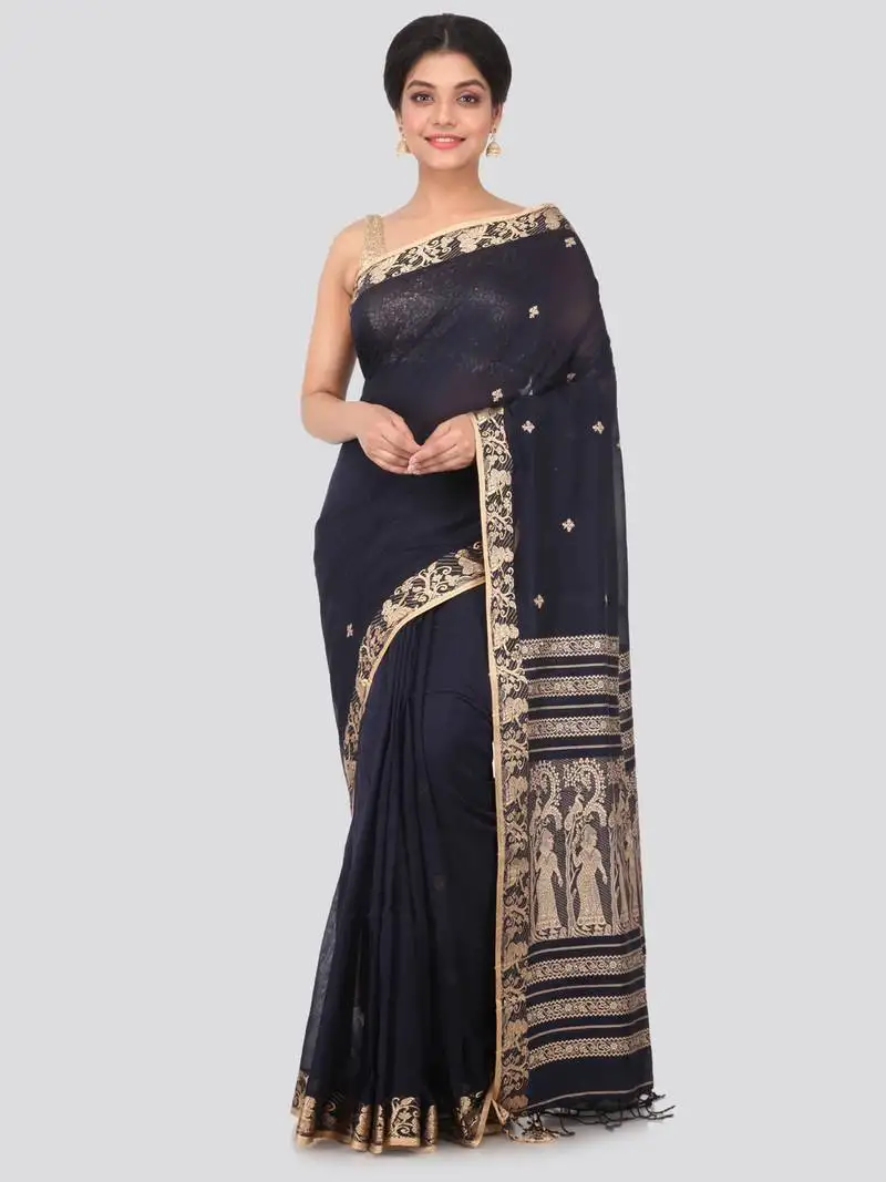 Black hand woven pure cotton saree with blouse