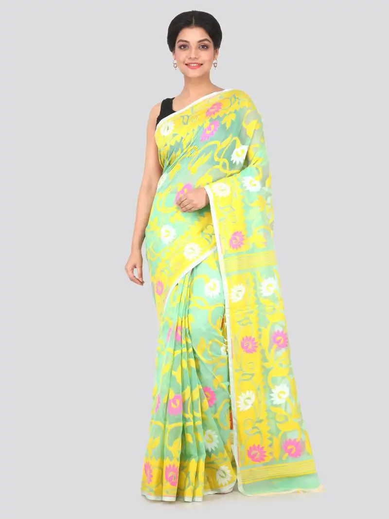 Light green hand woven pure cotton saree without blouse