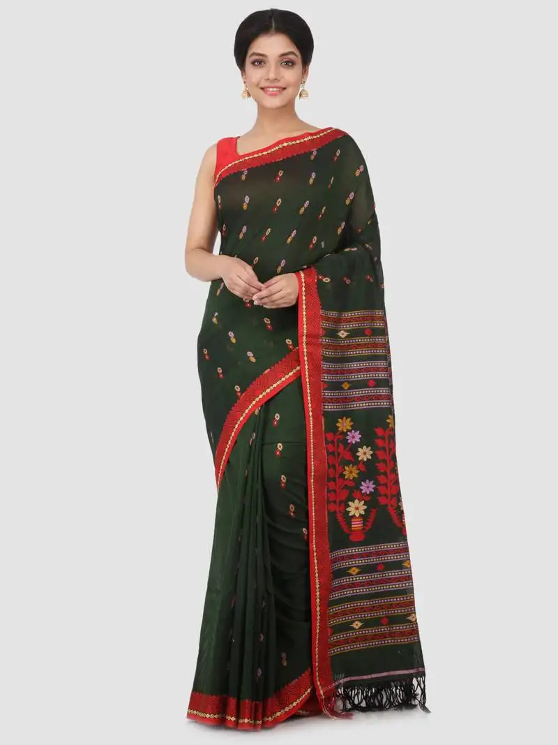 Dark green hand woven pure cotton saree with blouse