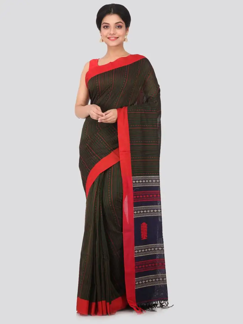 Multicolor hand woven pure cotton saree with blouse