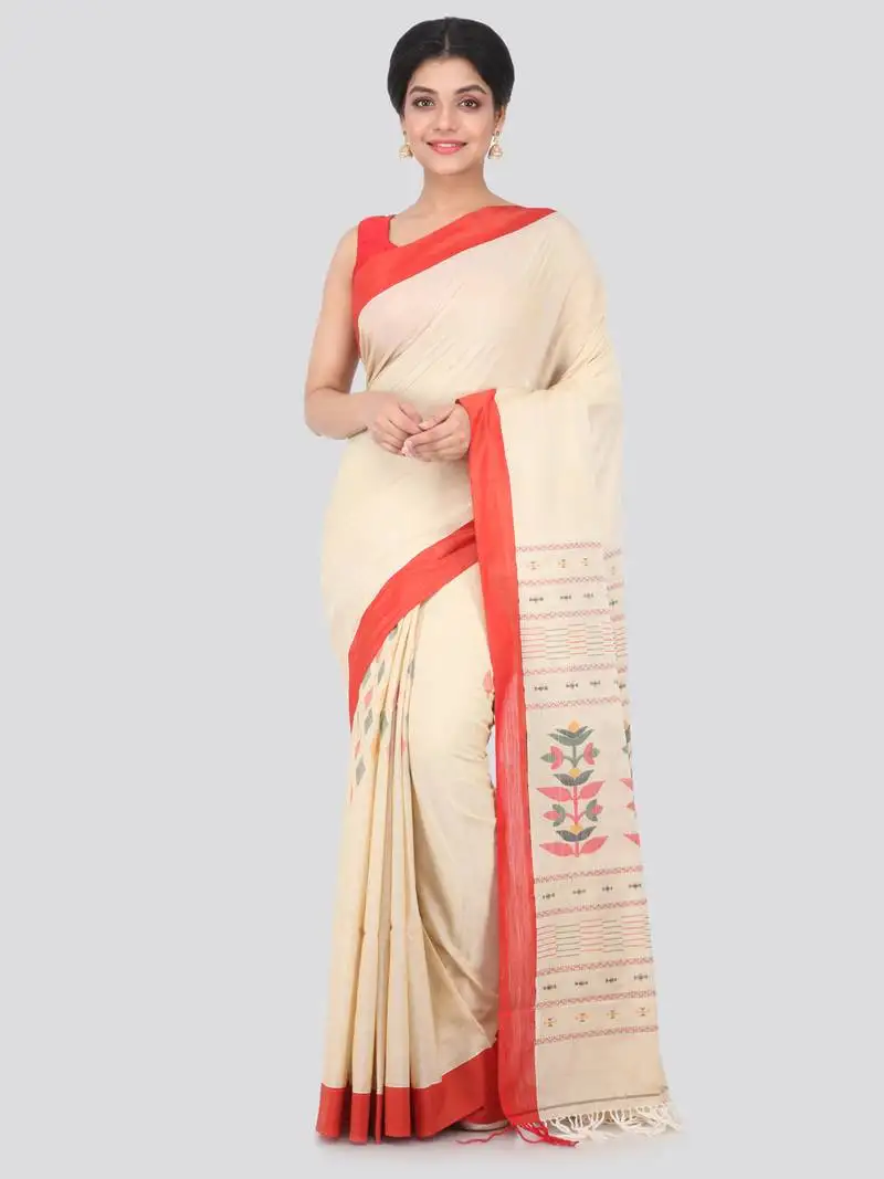 Beige hand woven pure cotton saree with blouse