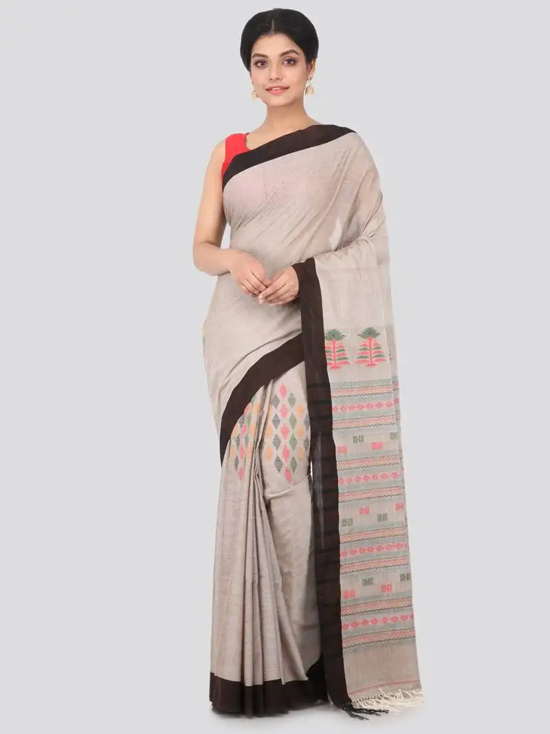 Light brown hand woven pure cotton saree with blouse