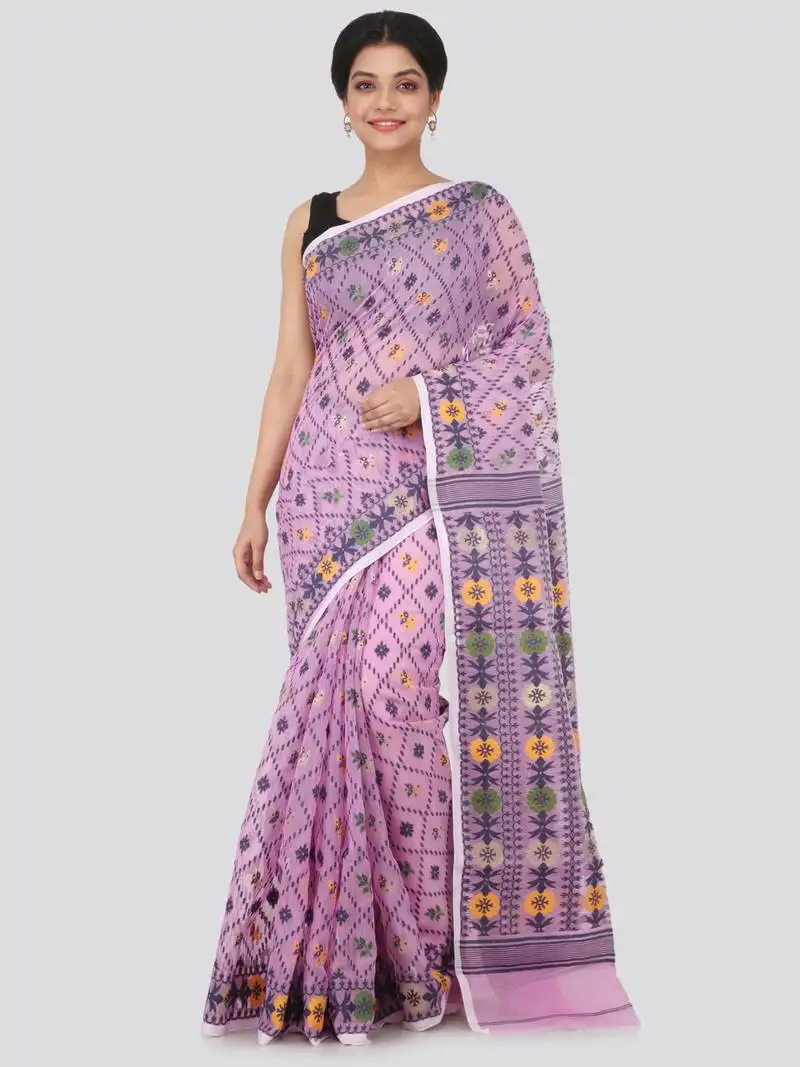 Purple hand woven pure cotton saree without blouse