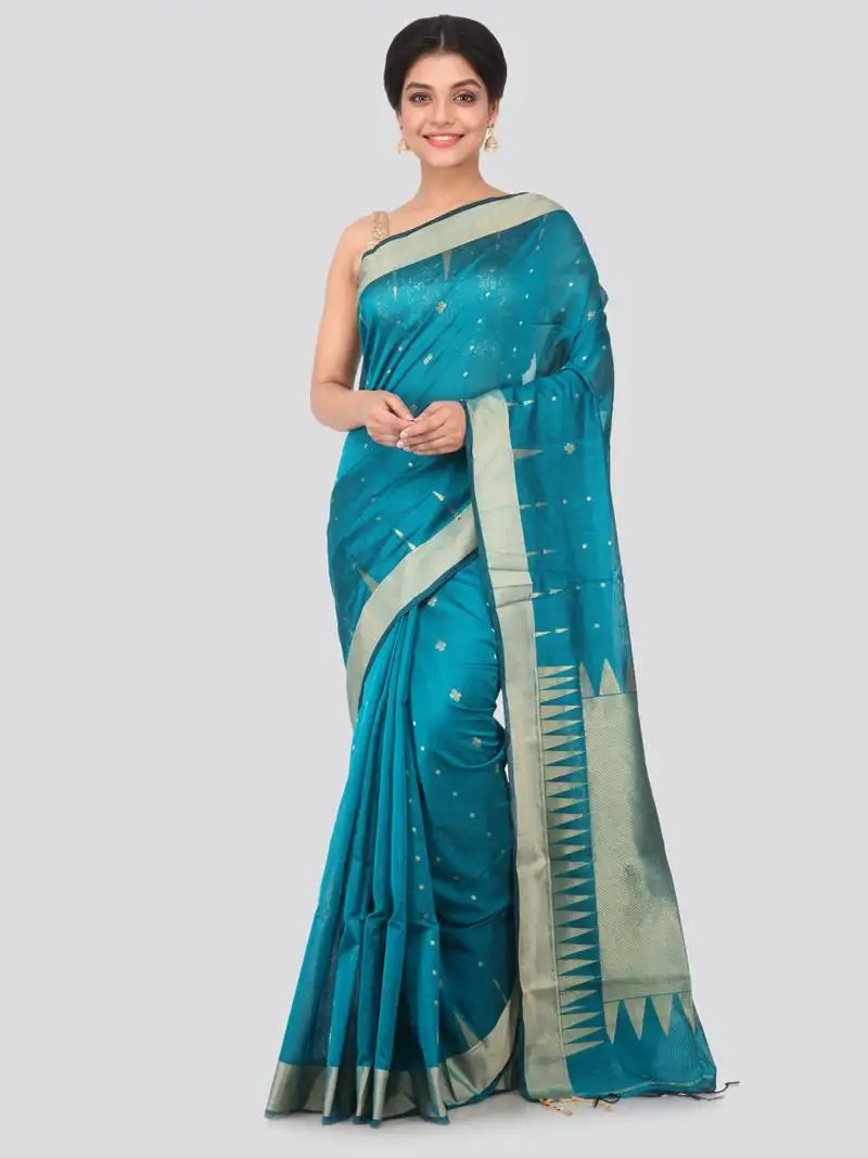 Blue hand woven cotton silk saree with blouse