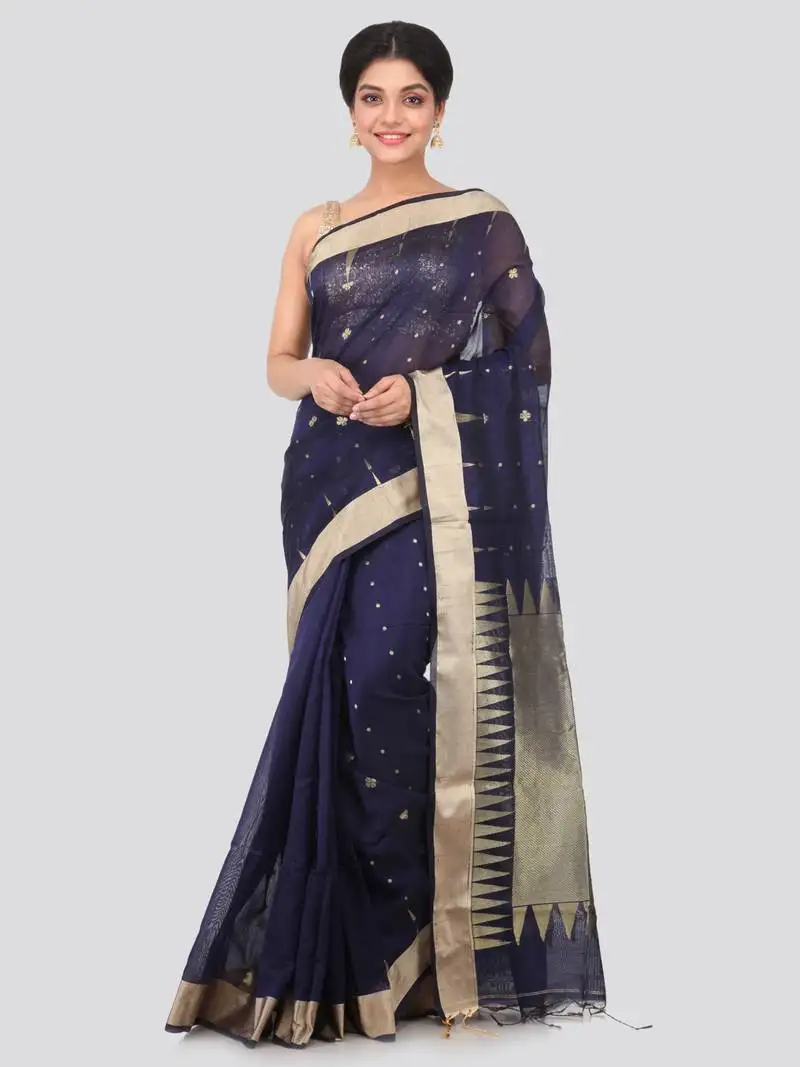 Dark blue hand woven cotton silk saree with blouse