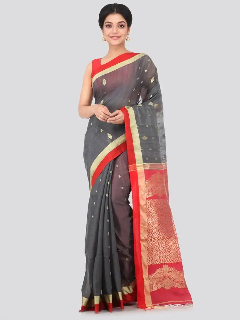 Grey hand woven cotton silk saree with blouse