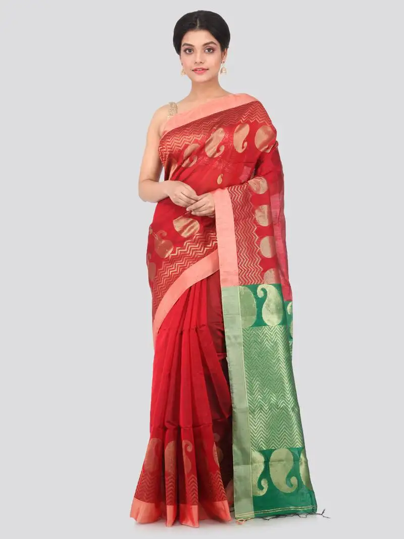 Maroon hand woven cotton silk saree with blouse