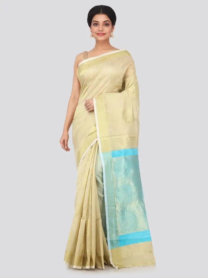 Beige hand woven cotton silk saree with blouse