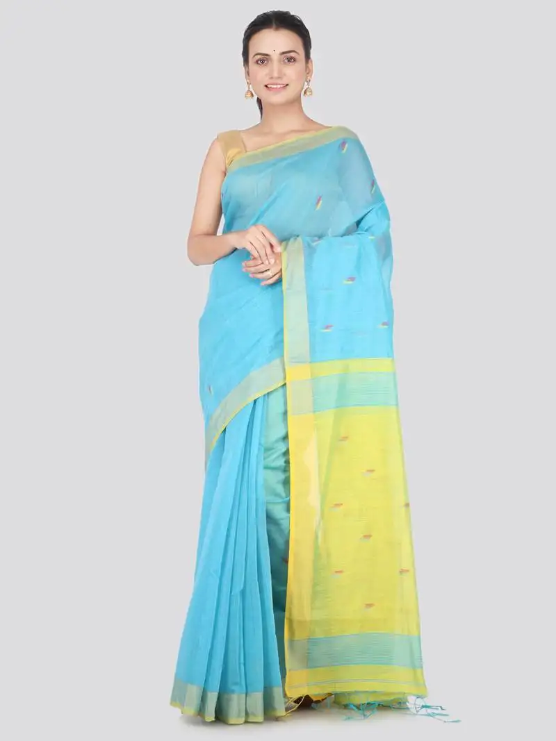 Light blue hand woven cotton silk saree with blouse