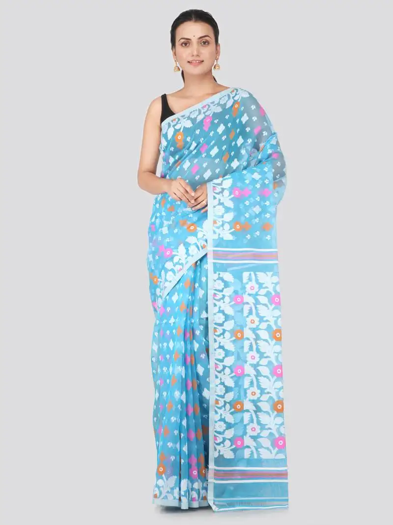 Light blue hand woven pure cotton saree without blouse