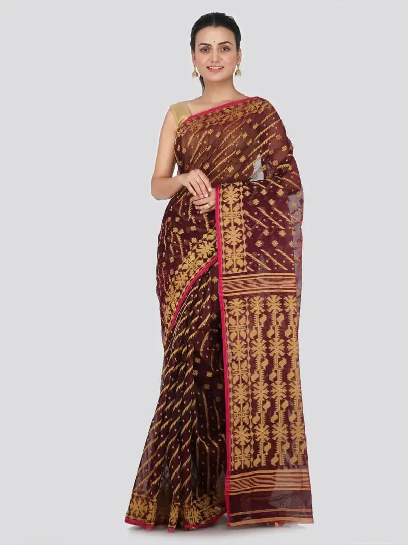 Maroon hand woven pure cotton saree without blouse