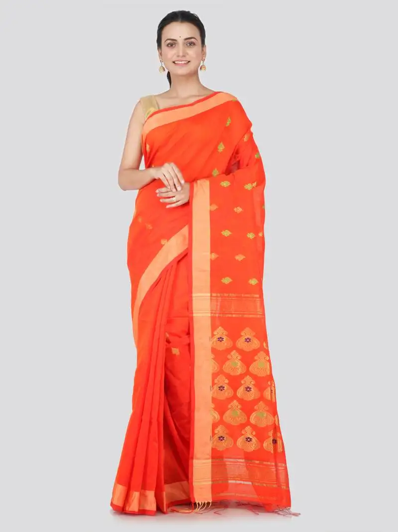 Orange hand woven cotton silk saree with blouse
