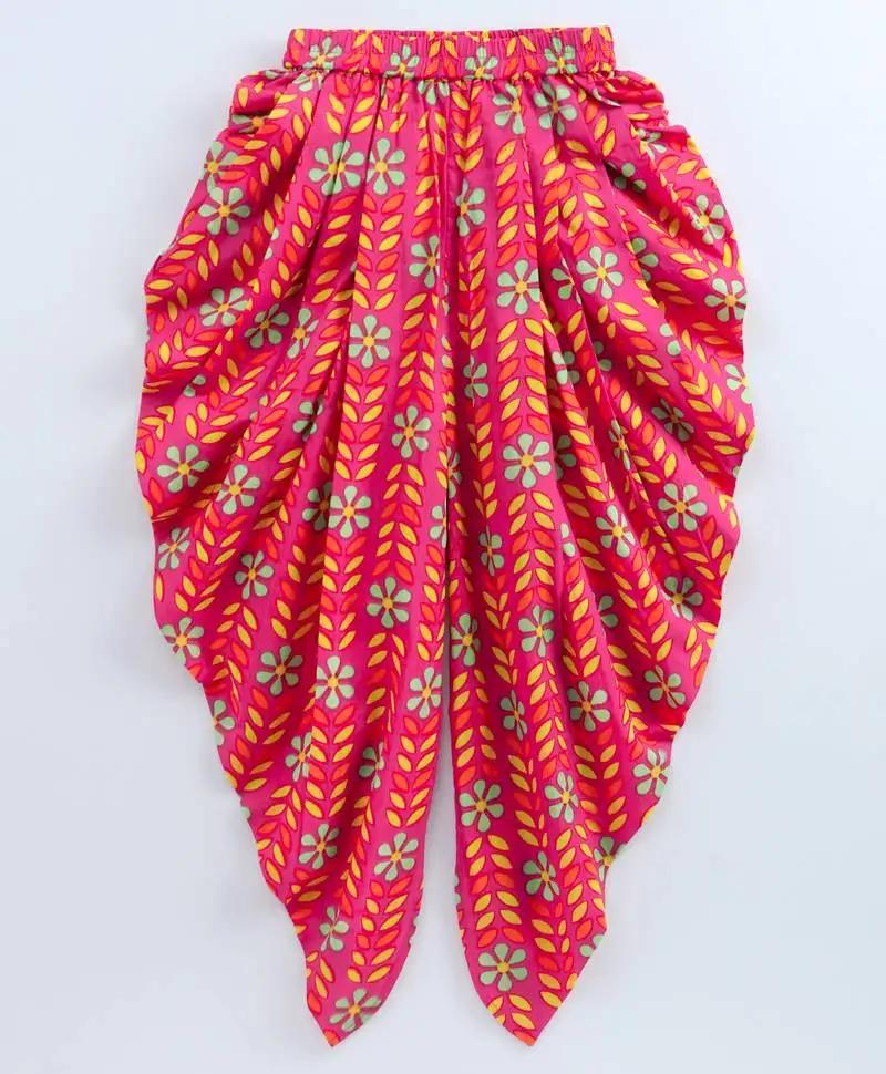 Blue printed cotton top with dhoti for girls