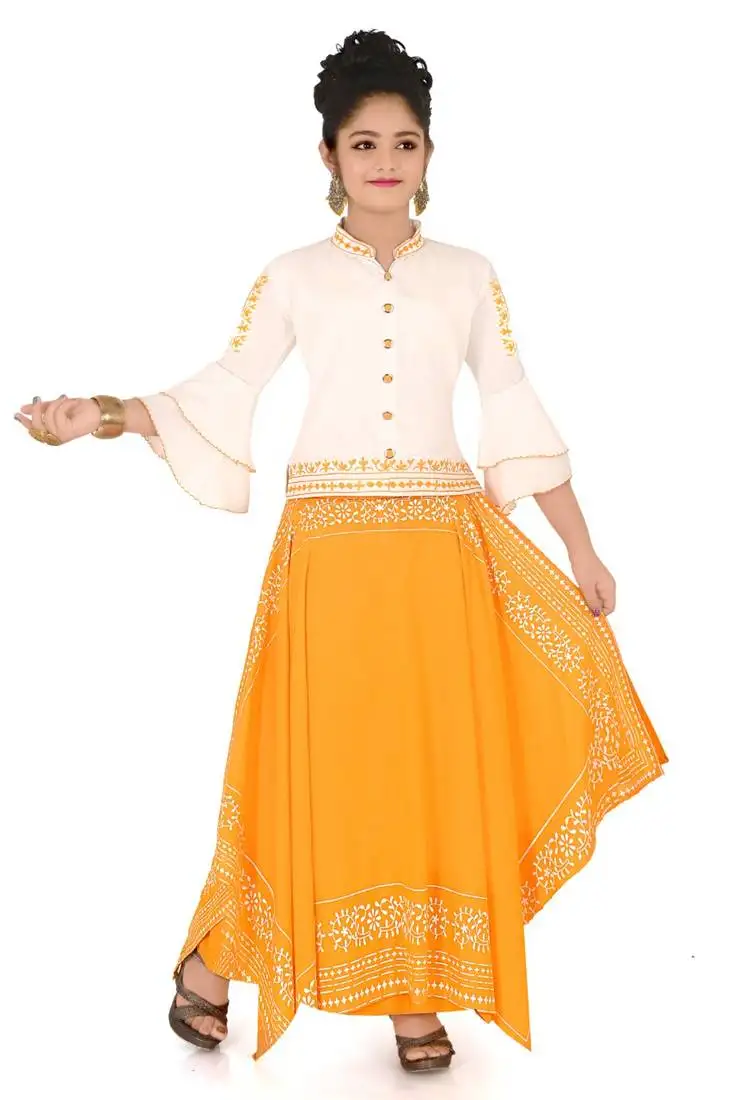 White printed cotton silk girls-top-bottom